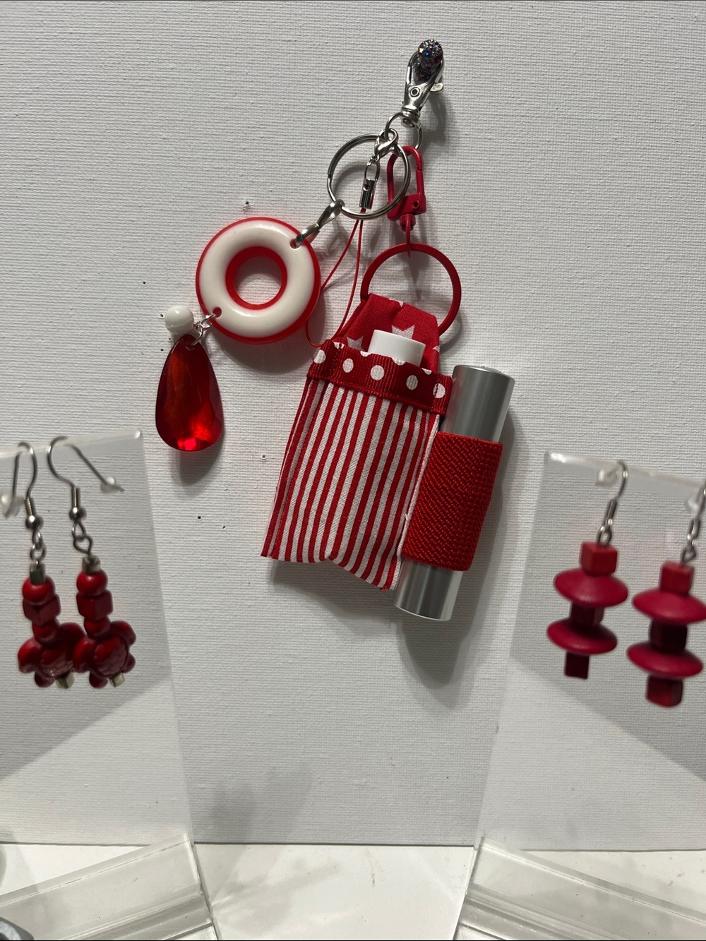 Gift Set Red Striped Double Lipstick Balm  Holder Keychain 2 pairs of Earrings